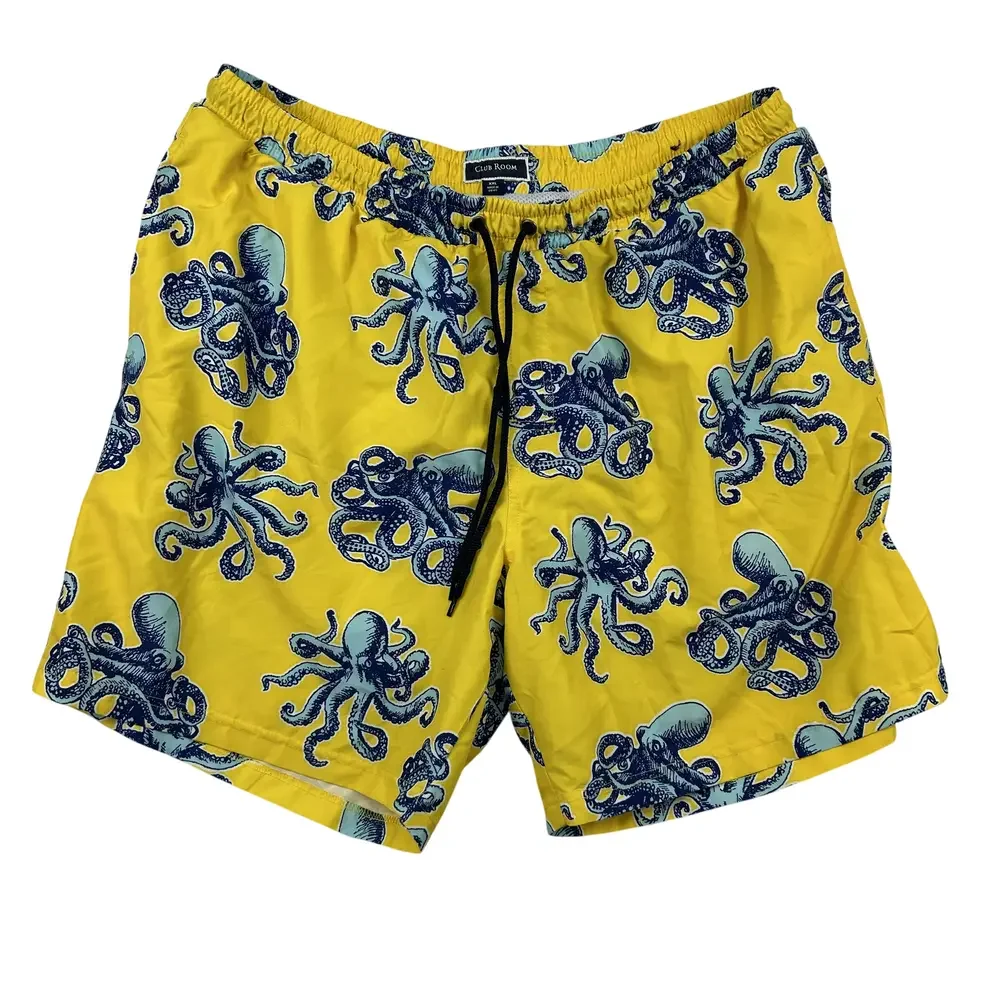 Club Room Swim Shorts Mens XXL Yellow Octopus Print Mesh Lined Quick Dry Beach